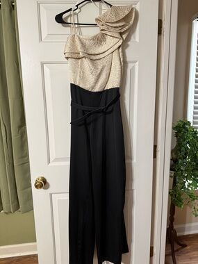 Zara One-Shoulder Two-Tone Jumpsuit in Cream and Black